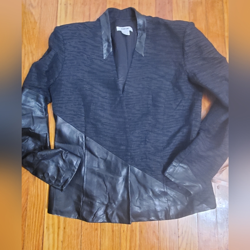 Helmut Lang Black Textured Top with  Leather Trim Womens Sz 0